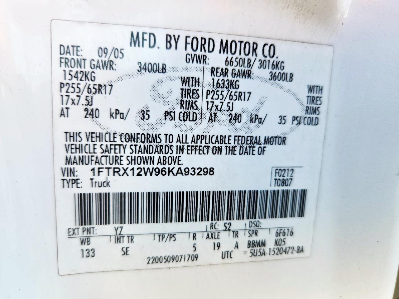 2006 Ford F150 VIN: 1FTRX12W96KA93298 Lot: 71130175