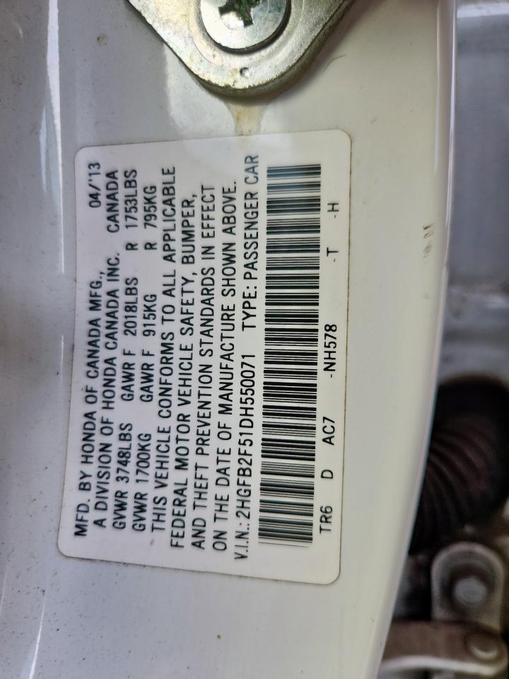 2013 Honda Civic Lx VIN: 2HGFB2F51DH550071 Lot: 80739425