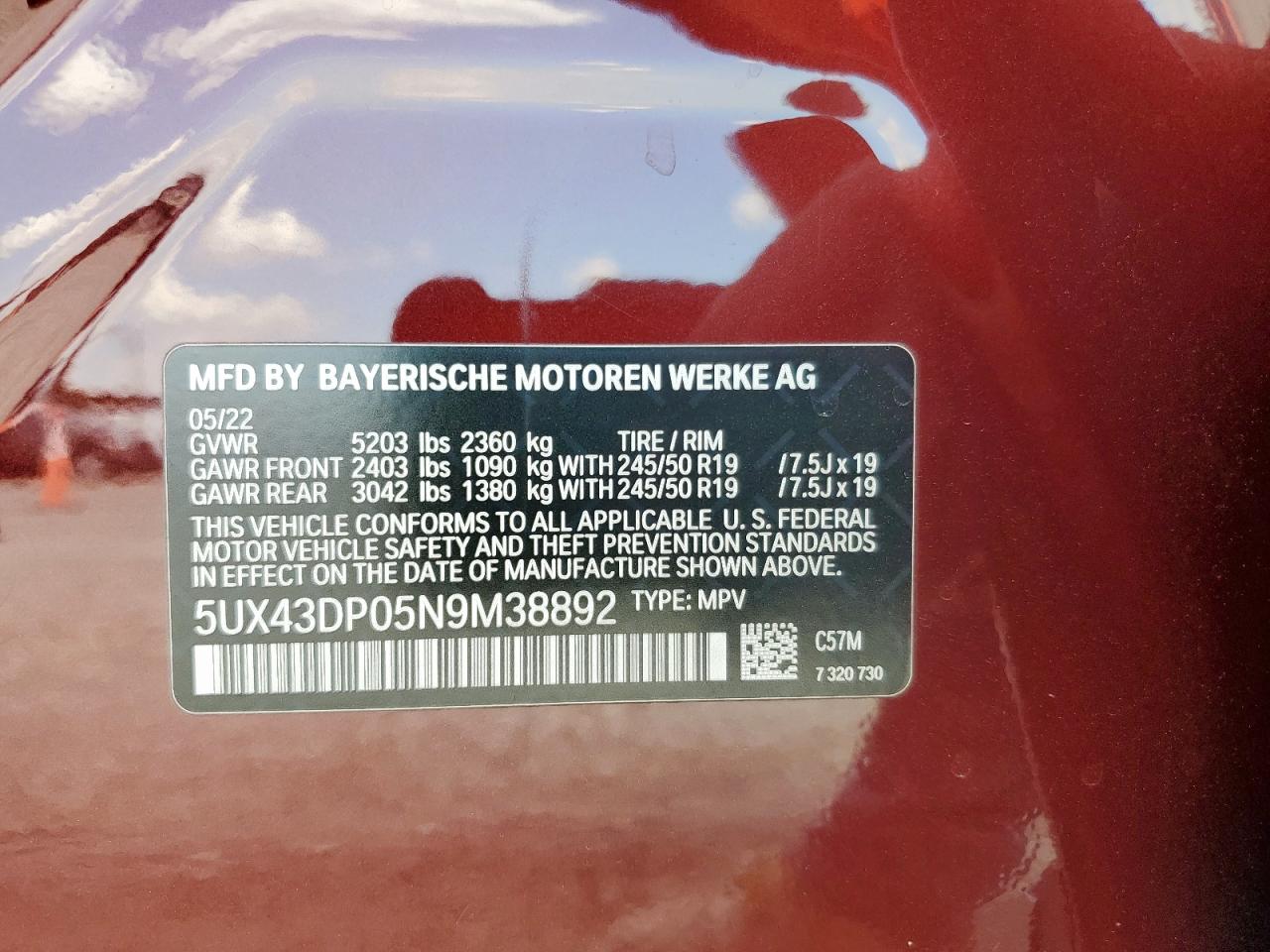 2022 BMW X3 Sdrive30I VIN: 5UX43DP05N9M38892 Lot: 81969895