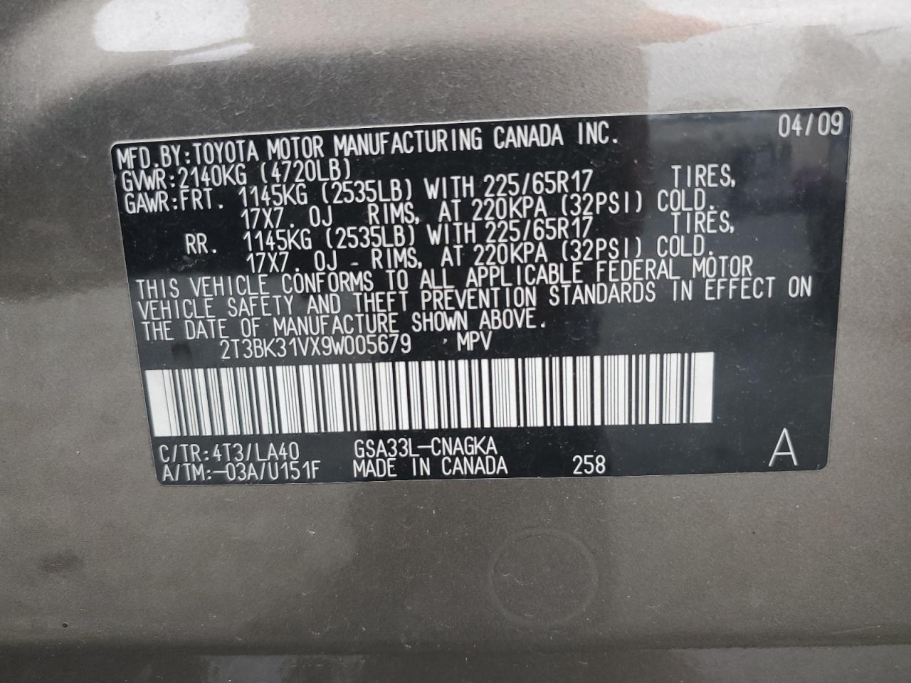 2009 Toyota Rav4 Limited VIN: 2T3BK31VX9W005679 Lot: 84203125