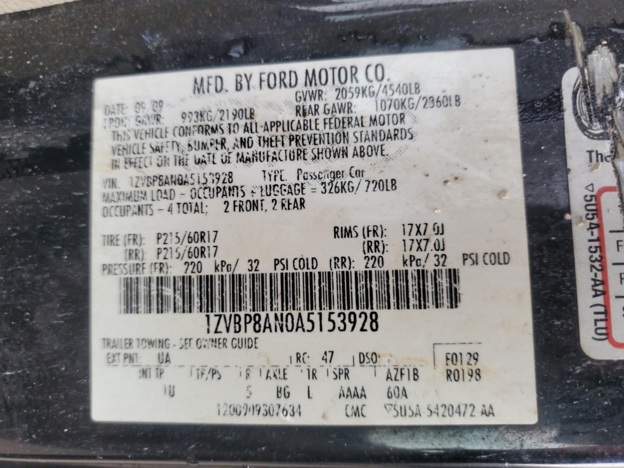 2010 Ford Mustang VIN: 1ZVBP8AN0A5153928 Lot: 71703605