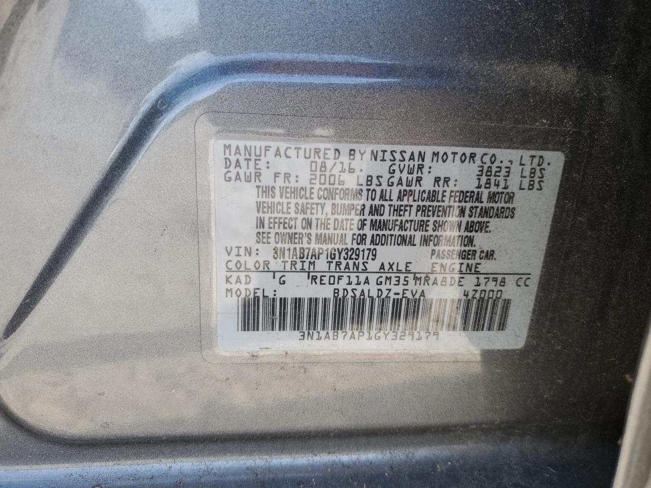 2016 Nissan Sentra S VIN: 3N1AB7AP1GY329179 Lot: 80033575