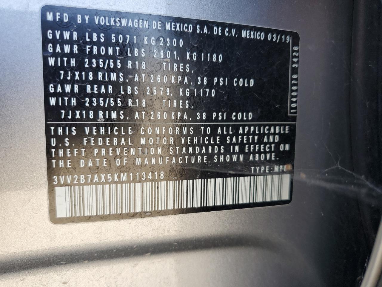 2019 Volkswagen Tiguan Se VIN: 3VV2B7AX5KM113418 Lot: 71129925