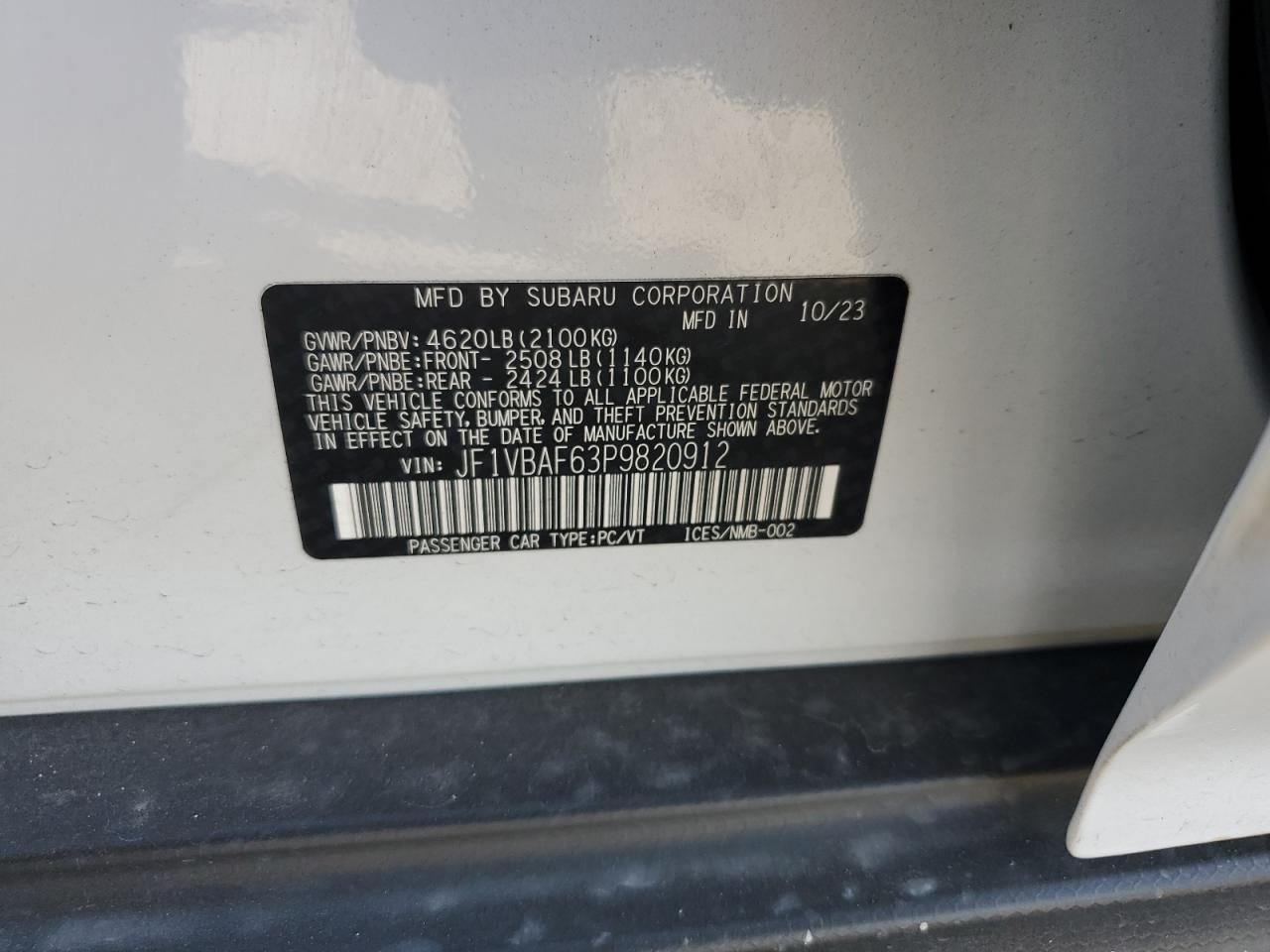 2023 Subaru Wrx Premium VIN: JF1VBAF63P9820912 Lot: 83792705