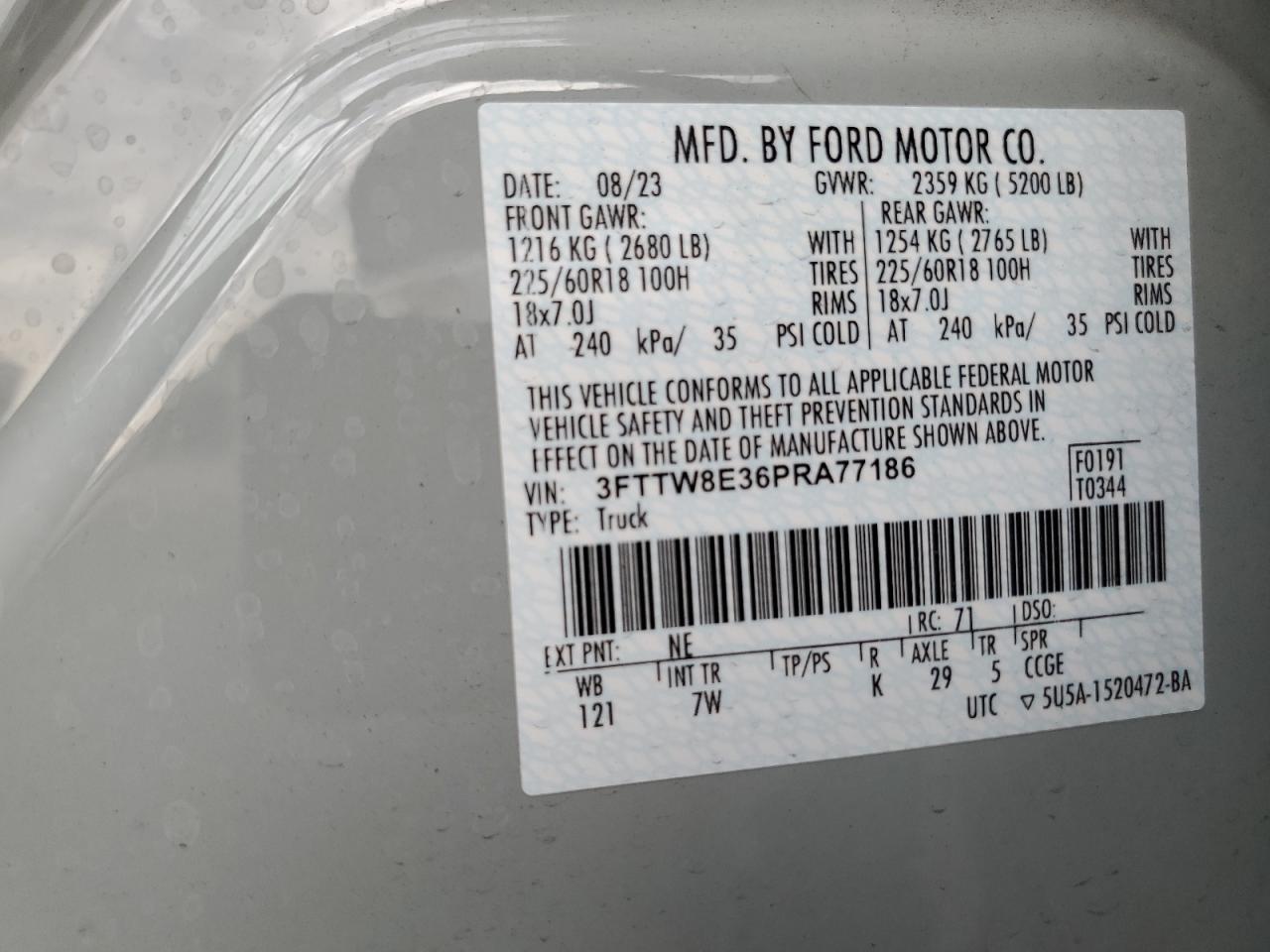 2023 Ford Maverick Xl VIN: 3FTTW8E36PRA77186 Lot: 70764955