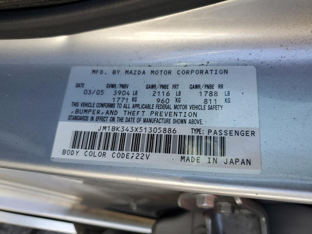 2005 Mazda 3 Hatchback VIN: JM1BK343X51305886 Lot: 82165515