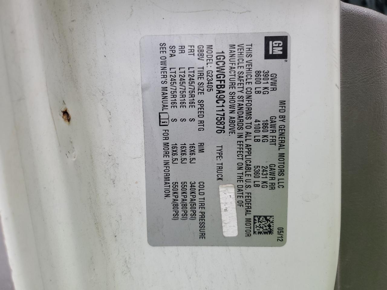 2012 Chevrolet Express G2500 VIN: 1GCWGFBA9C1175876 Lot: 80468235