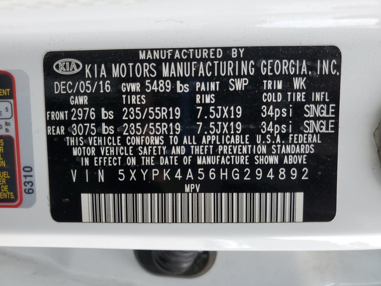 2017 Kia Sorento Sx VIN: 5XYPK4A56HG294892 Lot: 70836795