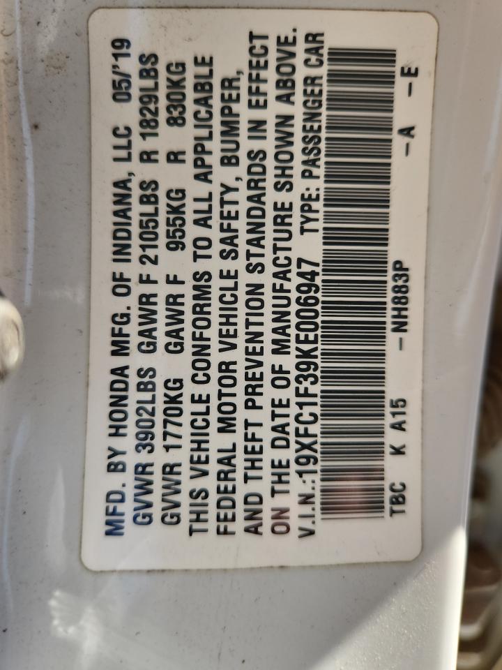 2019 Honda Civic Ex VIN: 19XFC1F39KE006947 Lot: 80264245