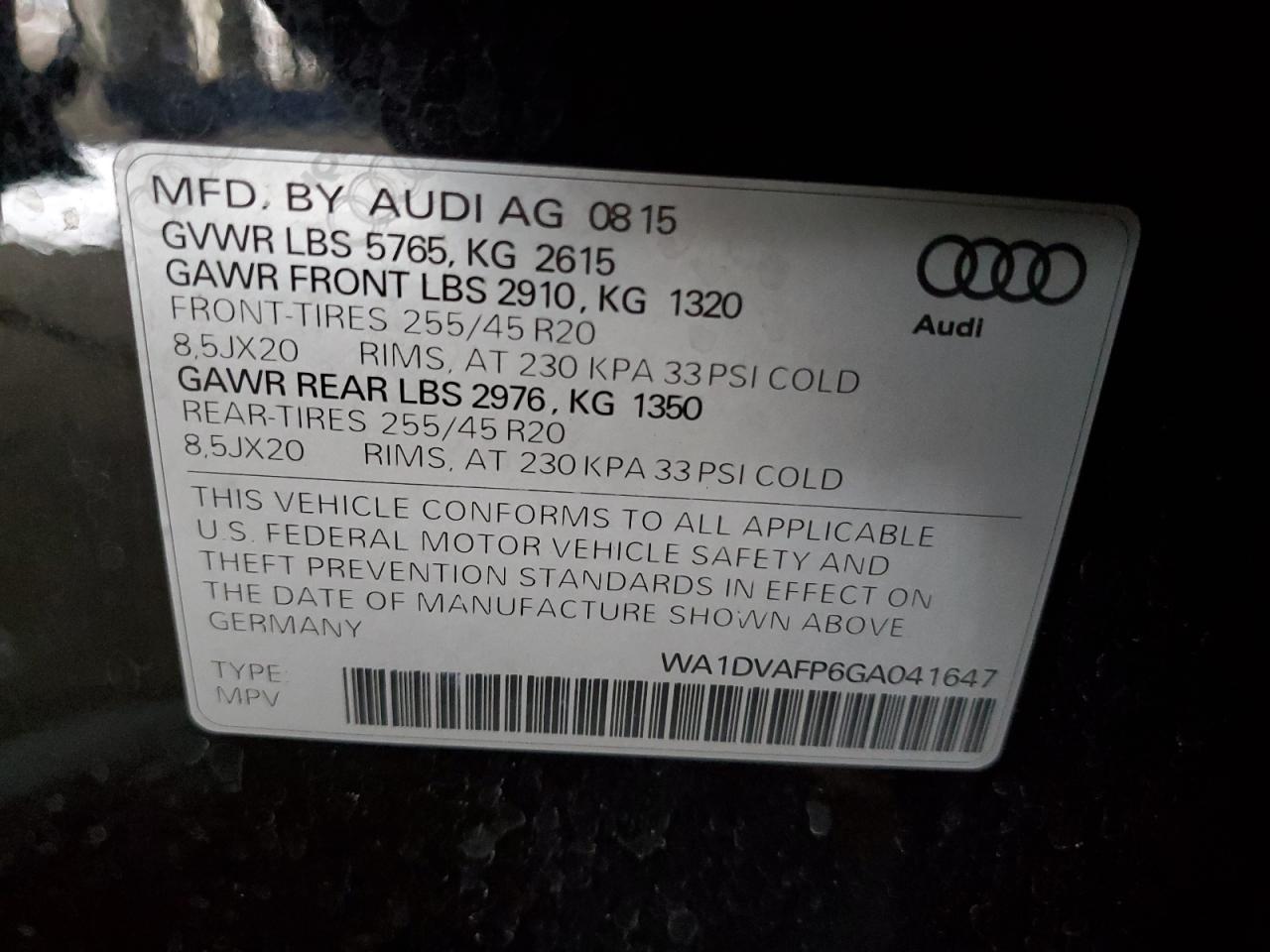 2016 Audi Q5 Tdi Premium Plus S-Line VIN: WA1DVAFP6GA041647 Lot: 86263095