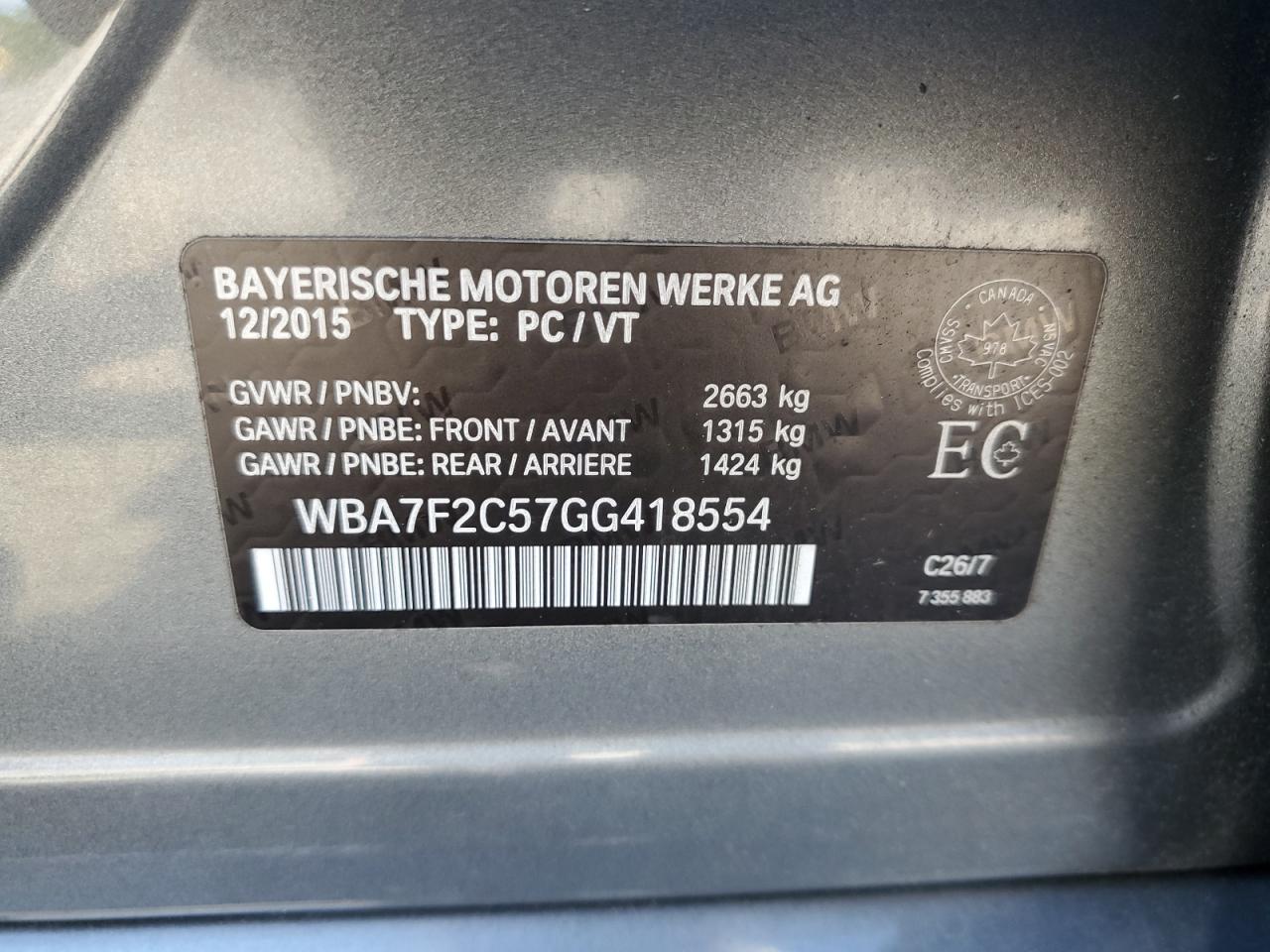 2016 BMW 750 Xi VIN: WBA7F2C57GG418554 Lot: 71069375