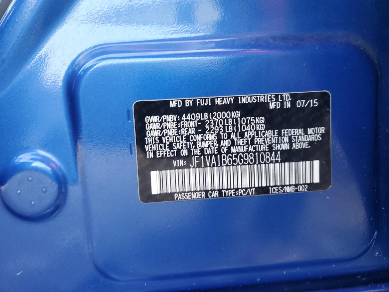 2016 Subaru Wrx VIN: JF1VA1B65G9810844 Lot: 84551695