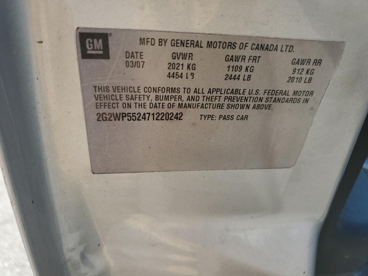 2008 Pontiac Grand Prix VIN: 2G2WP552471220242 Lot: 71884305