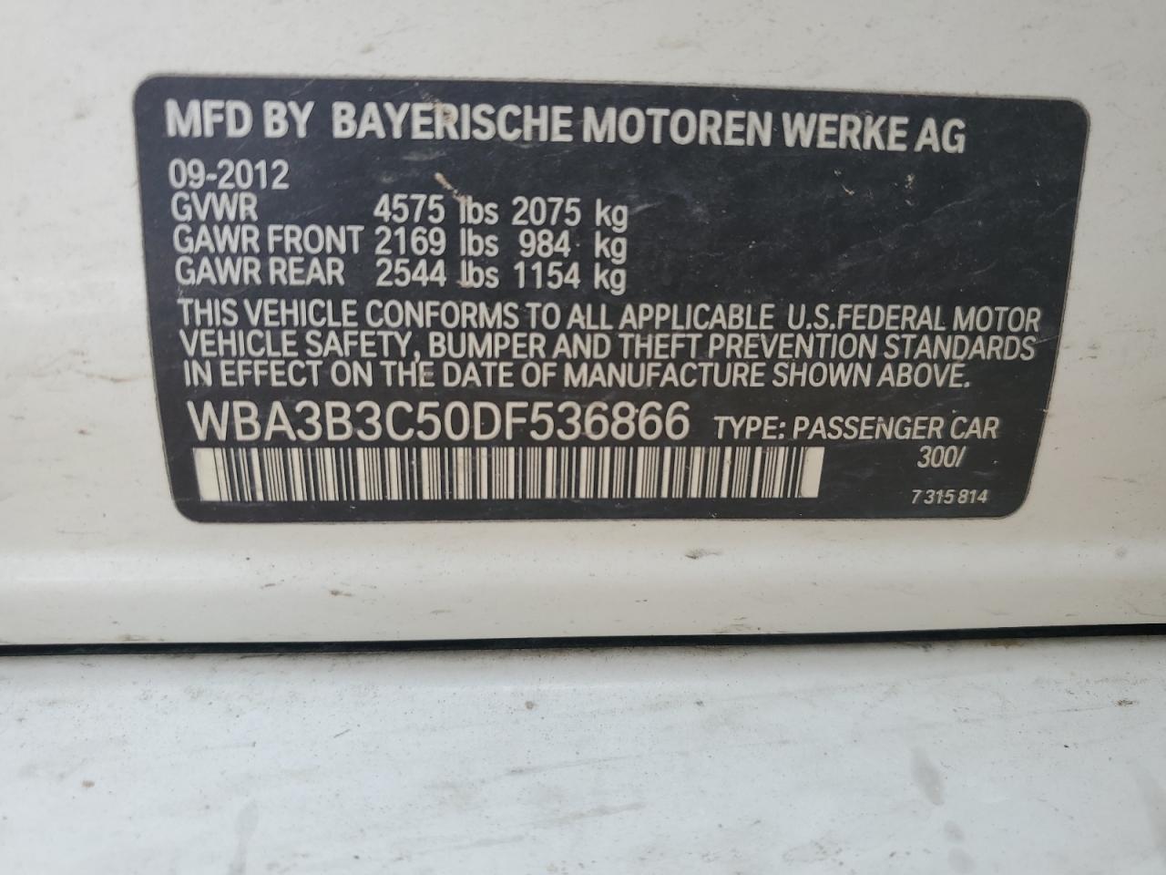 2013 BMW 328 Xi VIN: WBA3B3C50DF536866 Lot: 80294985