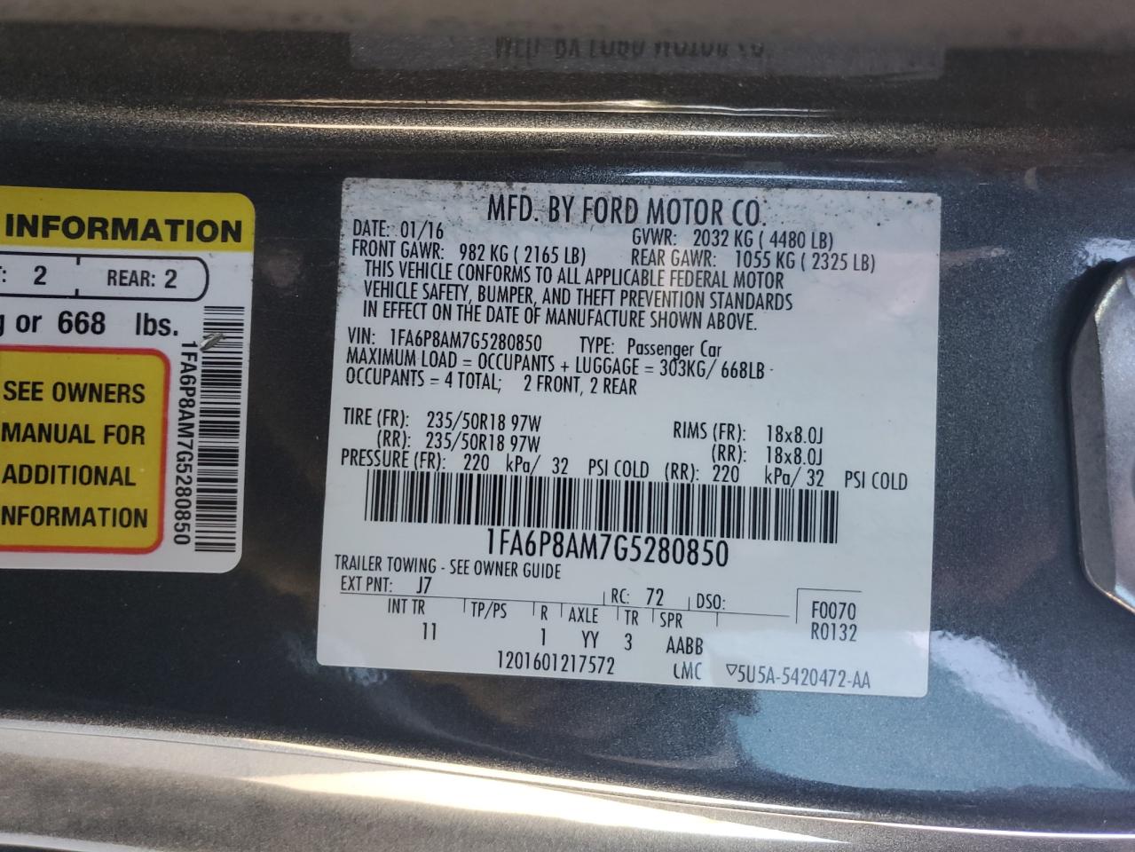 2016 Ford Mustang VIN: 1FA6P8AM7G5280850 Lot: 72044455