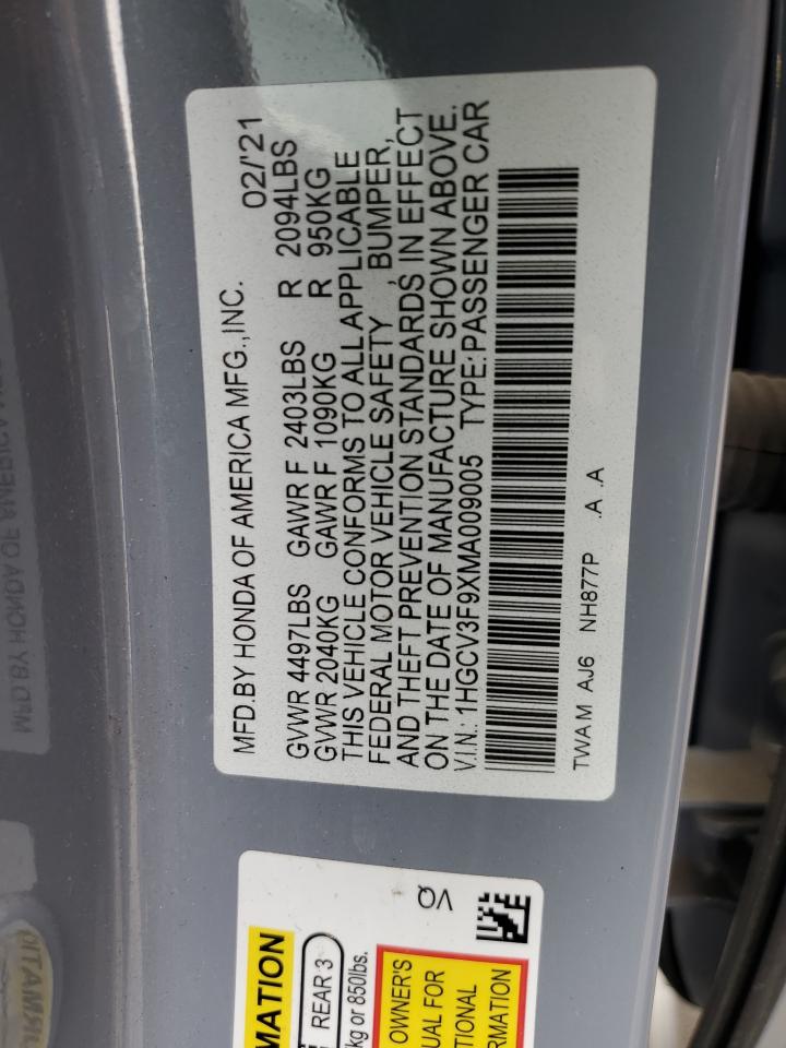 2021 Honda Accord Touring Hybrid VIN: 1HGCV3F9XMA009005 Lot: 82113745