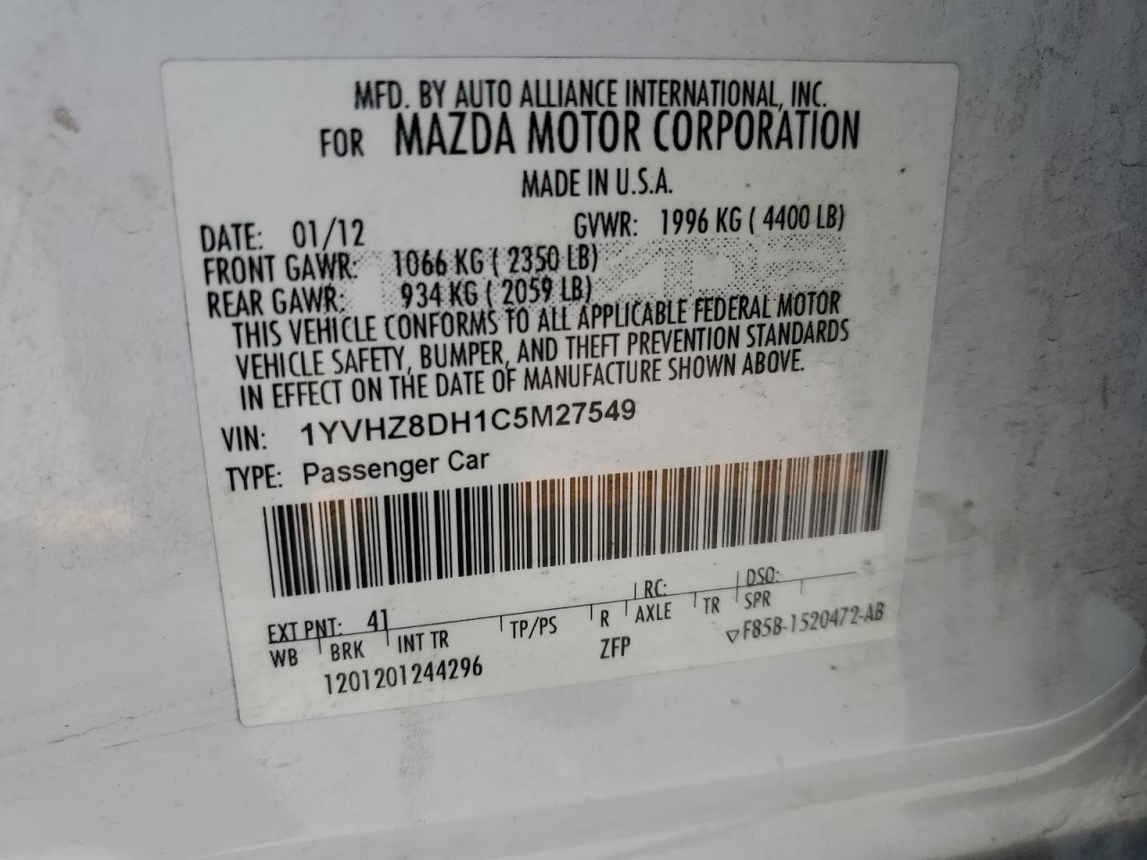 2012 Mazda 6 I VIN: 1YVHZ8DH1C5M27549 Lot: 80753185