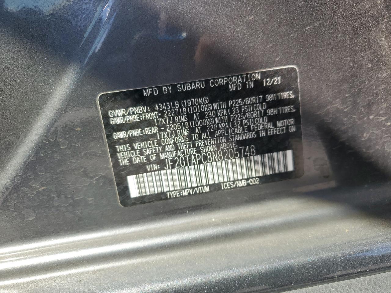 2022 Subaru Crosstrek Premium VIN: JF2GTAPC8N8205748 Lot: 80218155