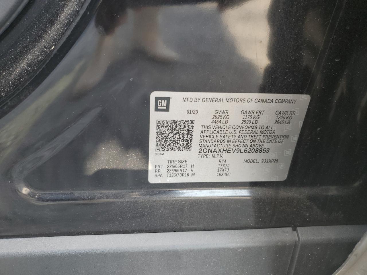 2020 Chevrolet Equinox Ls VIN: 2GNAXHEV9L6208853 Lot: 81684515