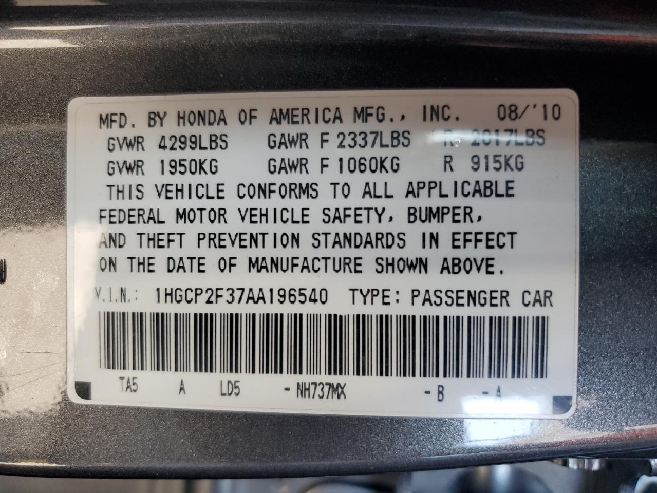 2010 Honda Accord Lx VIN: 1HGCP2F37AA196540 Lot: 72030795