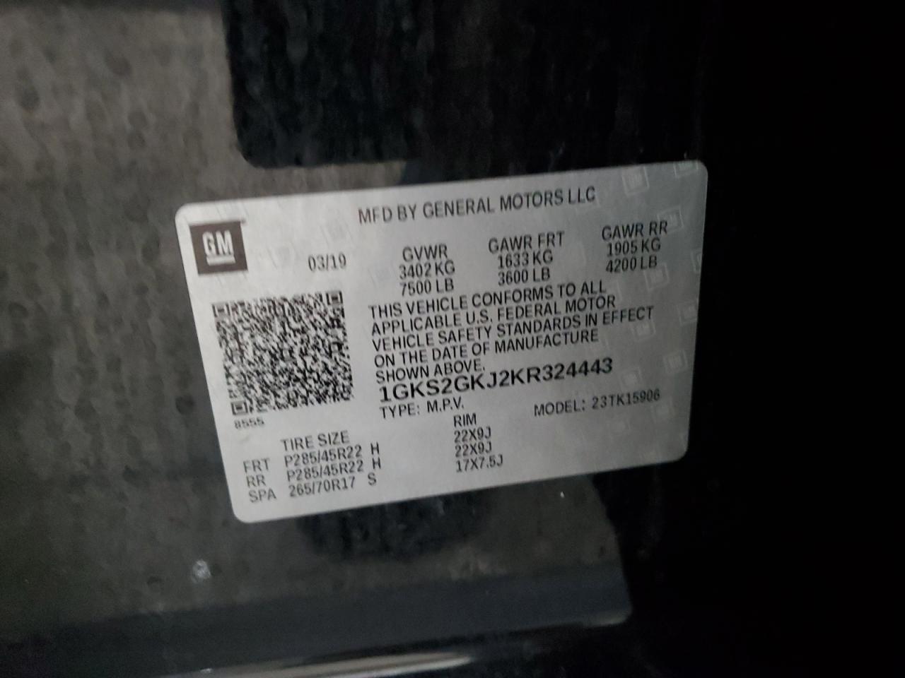 2019 GMC Yukon Xl K1500 Slt VIN: 1GKS2GKJ2KR324443 Lot: 71325785