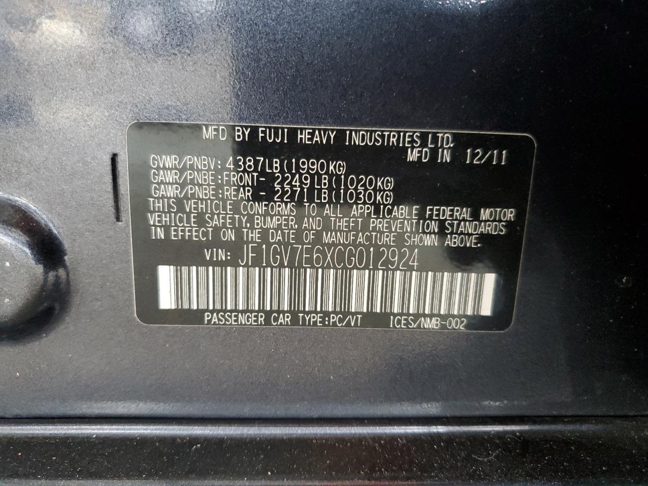 2012 Subaru Impreza Wrx VIN: JF1GV7E6XCG012924 Lot: 71529835