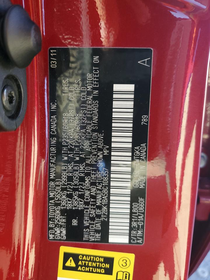 2011 Lexus Rx 350 VIN: 2T2BK1BA5BC108357 Lot: 80201535