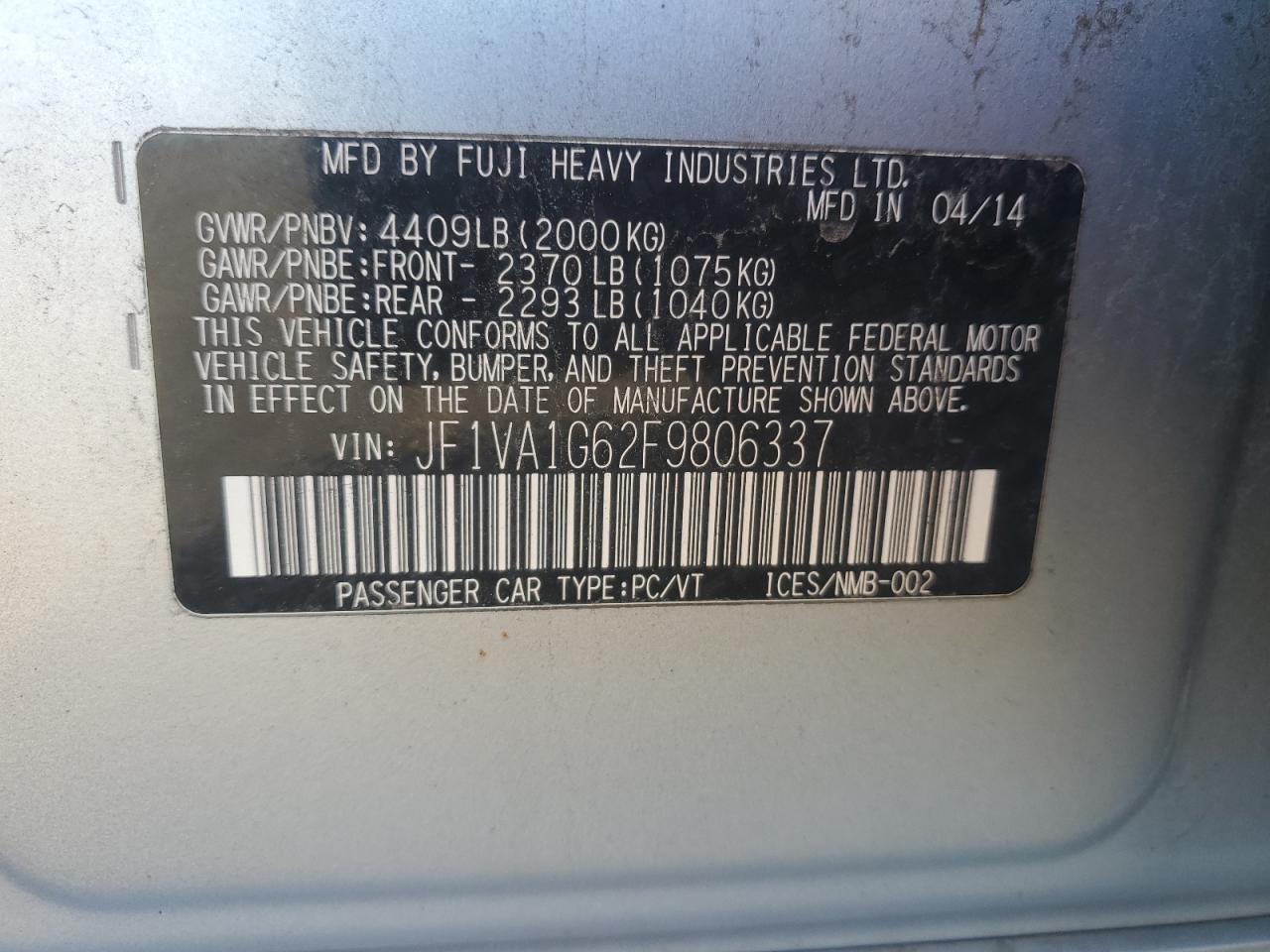 2015 Subaru Wrx Limited VIN: JF1VA1G62F9806337 Lot: 81842175