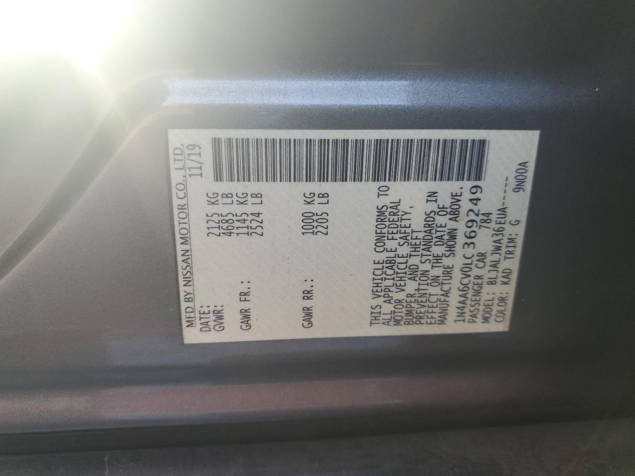 2020 Nissan Maxima Sv VIN: 1N4AA6CV0LC369249 Lot: 84459335