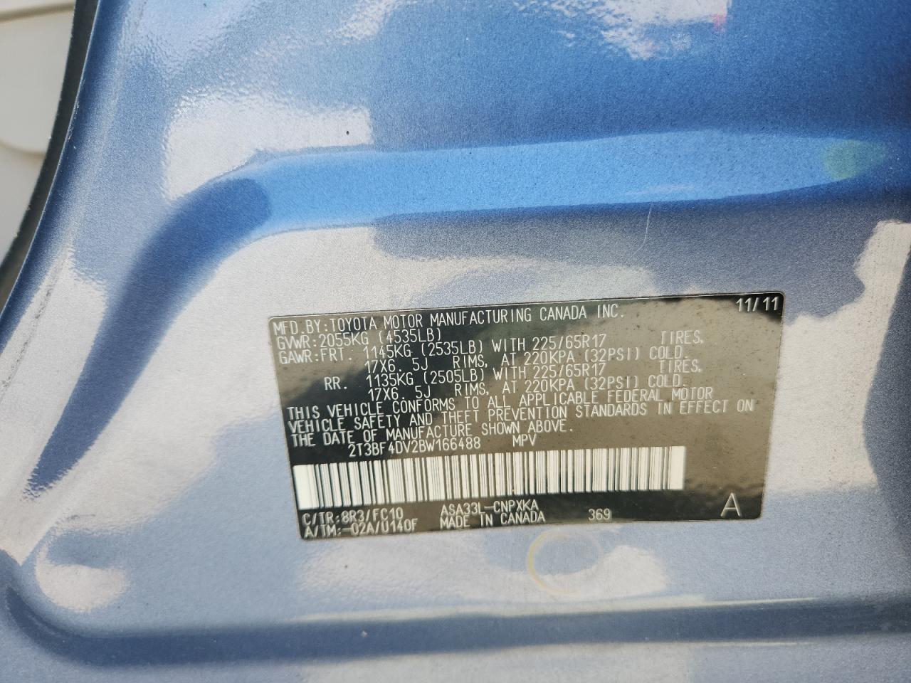 2011 Toyota Rav4 VIN: 2T3BF4DV2BW166488 Lot: 81512575