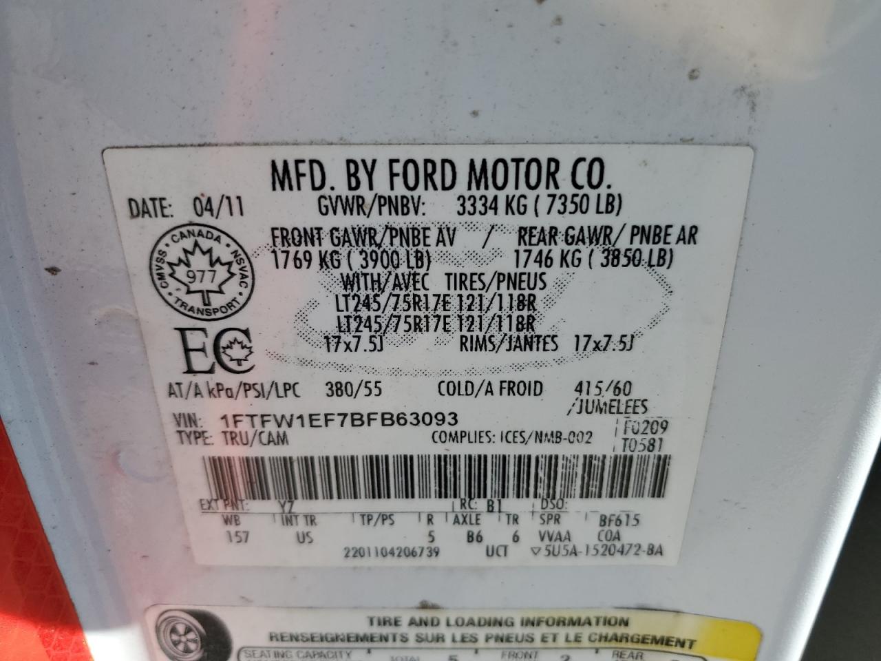 2011 Ford F150 Supercrew VIN: 1FTFW1EF7BFB63093 Lot: 71344675