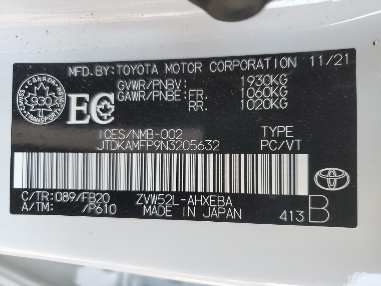2022 Toyota Prius Prime Le VIN: JTDKAMFP9N3205632 Lot: 71153305