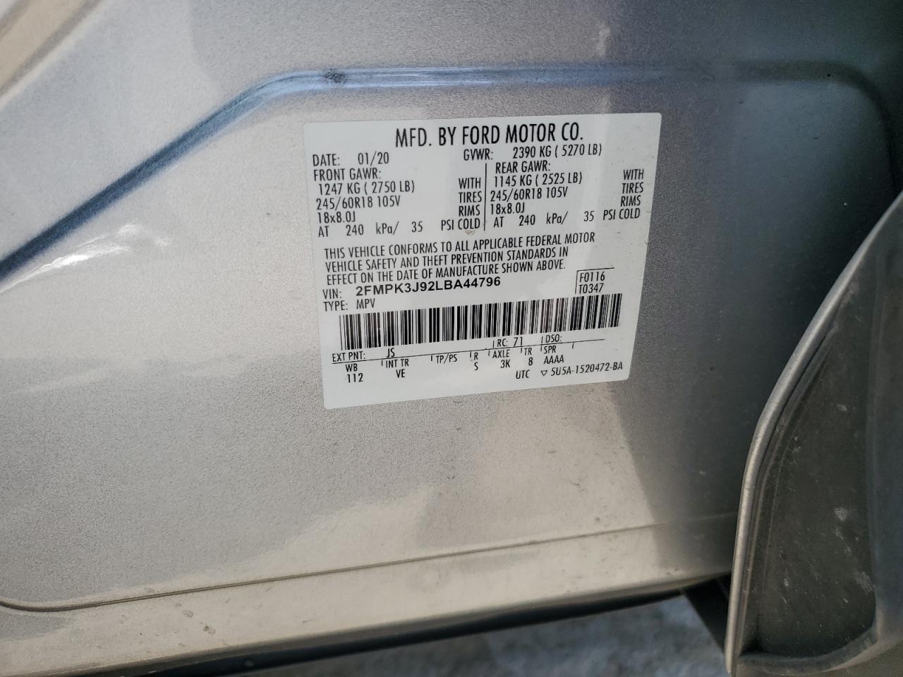 2020 Ford Edge Sel VIN: 2FMPK3J92LBA44796 Lot: 80285505