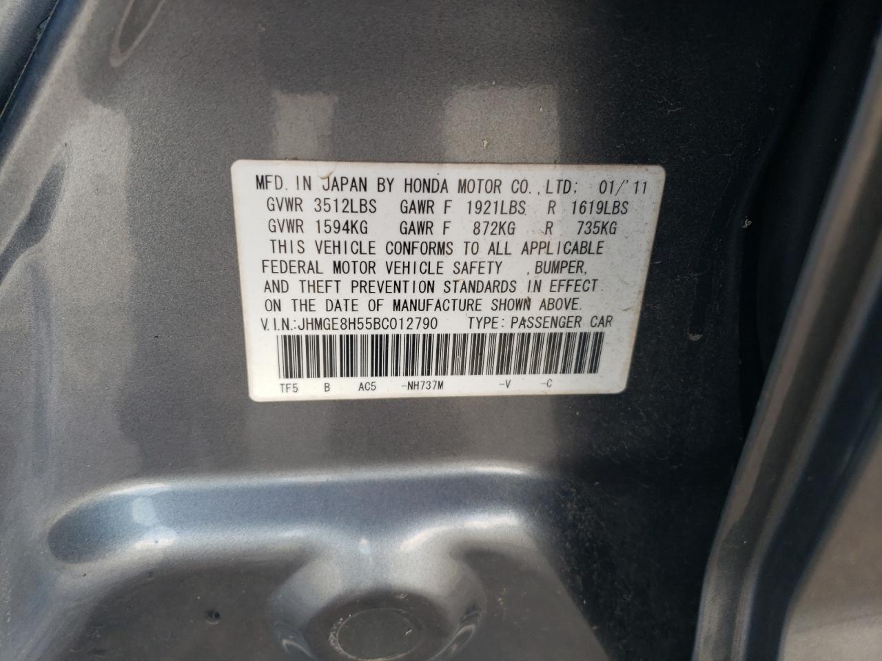 2011 Honda Fit Sport VIN: JHMGE8H55BC012790 Lot: 82093685