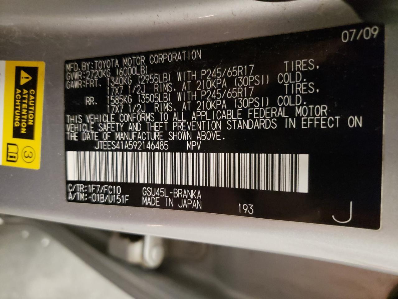 2009 Toyota Highlander VIN: JTEES41A592146485 Lot: 80960125