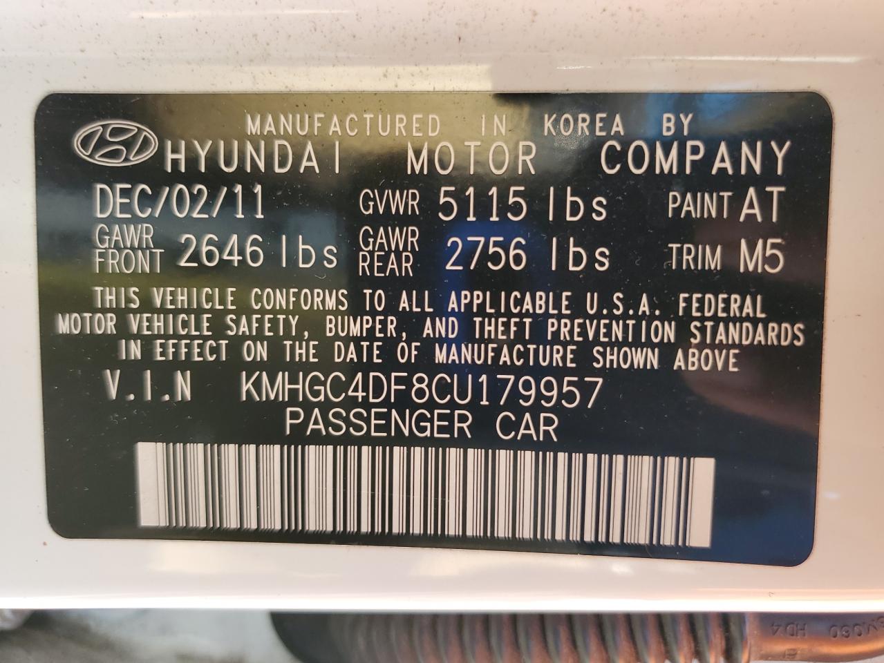 2012 Hyundai Genesis 4.6L VIN: KMHGC4DF8CU179957 Lot: 80396695