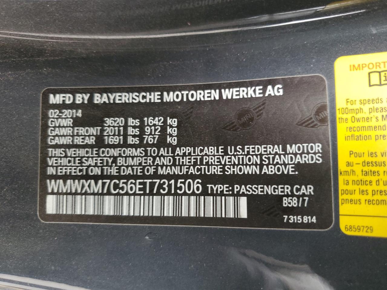 2014 Mini Cooper S VIN: WMWXM7C56ET731506 Lot: 80406685