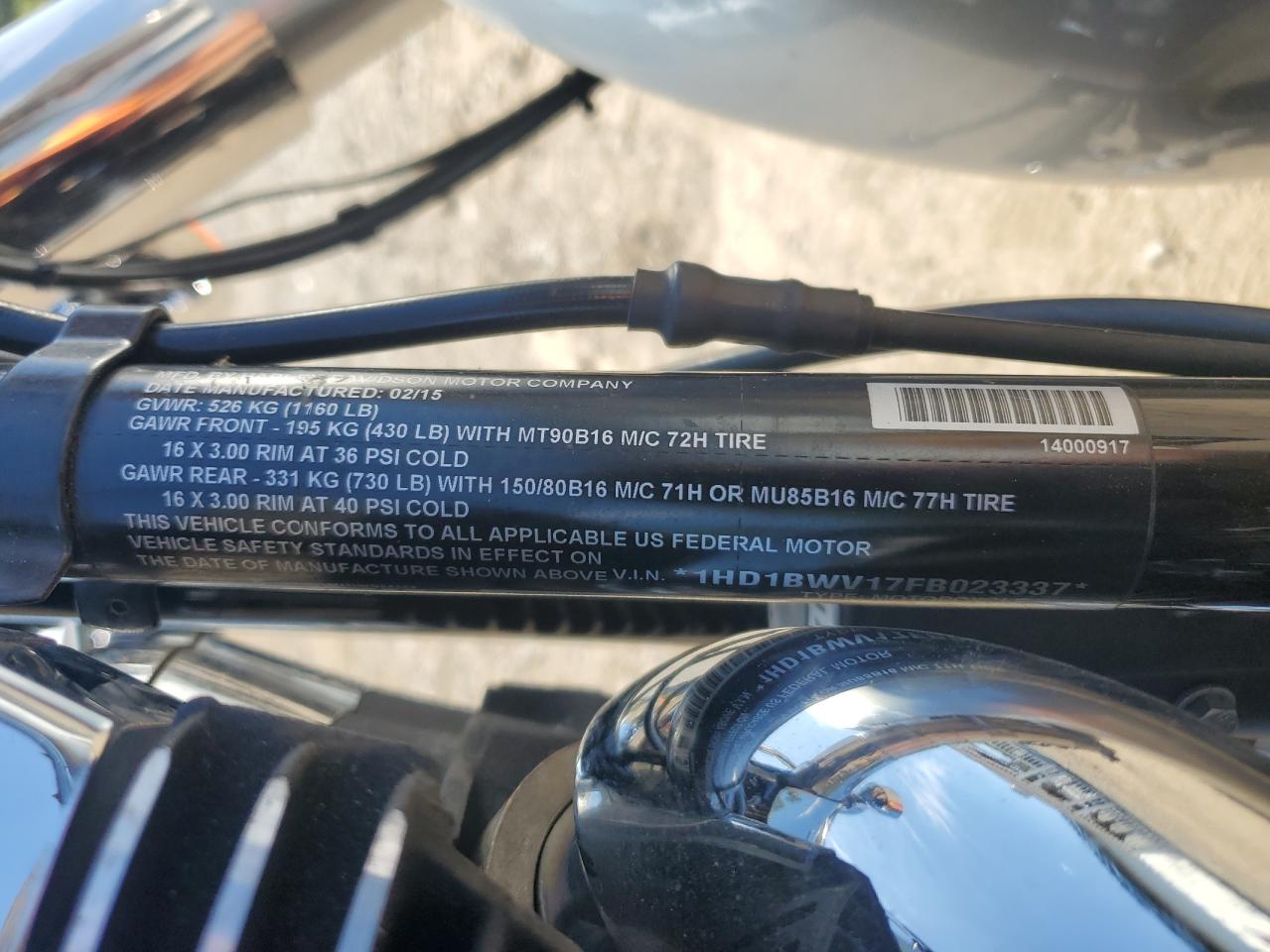 2015 Harley-Davidson Flstc Heritage Softail Classic VIN: 1HD1BWV17FB023337 Lot: 71104115
