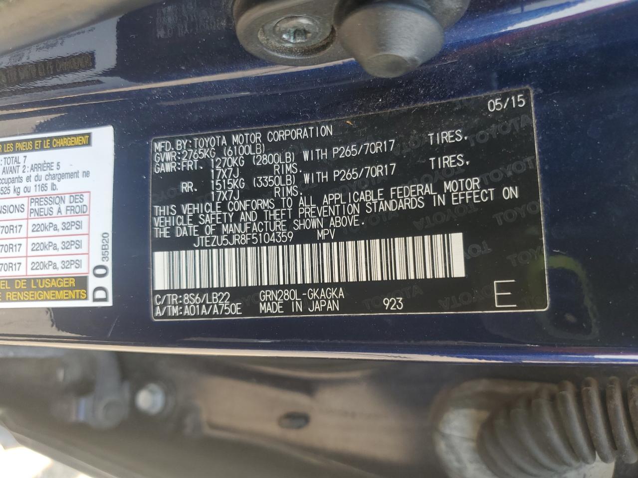 2015 Toyota 4Runner Sr5 VIN: JTEZU5JR8F5104359 Lot: 72048135