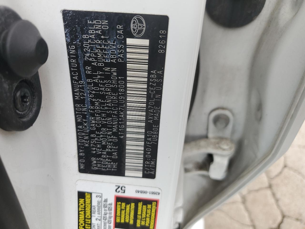 2020 Toyota Camry Se VIN: 4T1G11AK7LU918001 Lot: 84786925