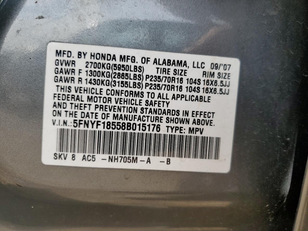 2008 Honda Pilot Exl VIN: 5FNYF18558B015176 Lot: 72031895