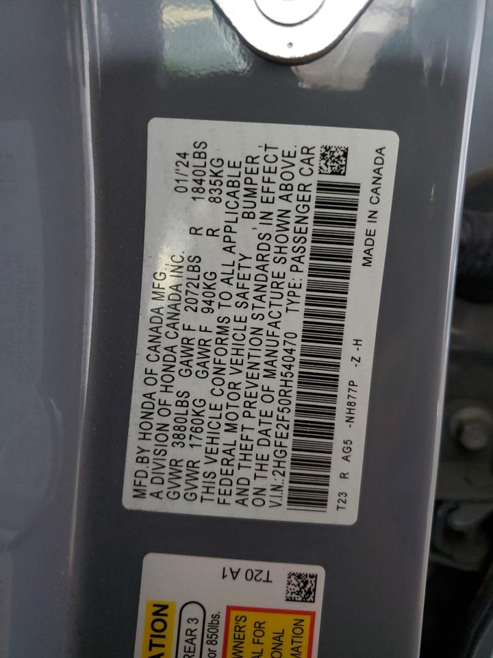 2024 Honda Civic Sport VIN: 2HGFE2F50RH540470 Lot: 80915535