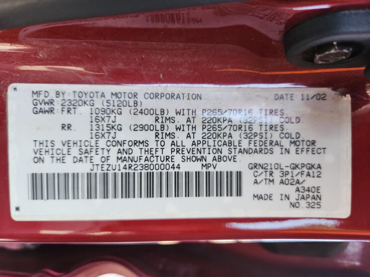 2003 Toyota 4Runner Sr5 VIN: JTEZU14R238000044 Lot: 80961705