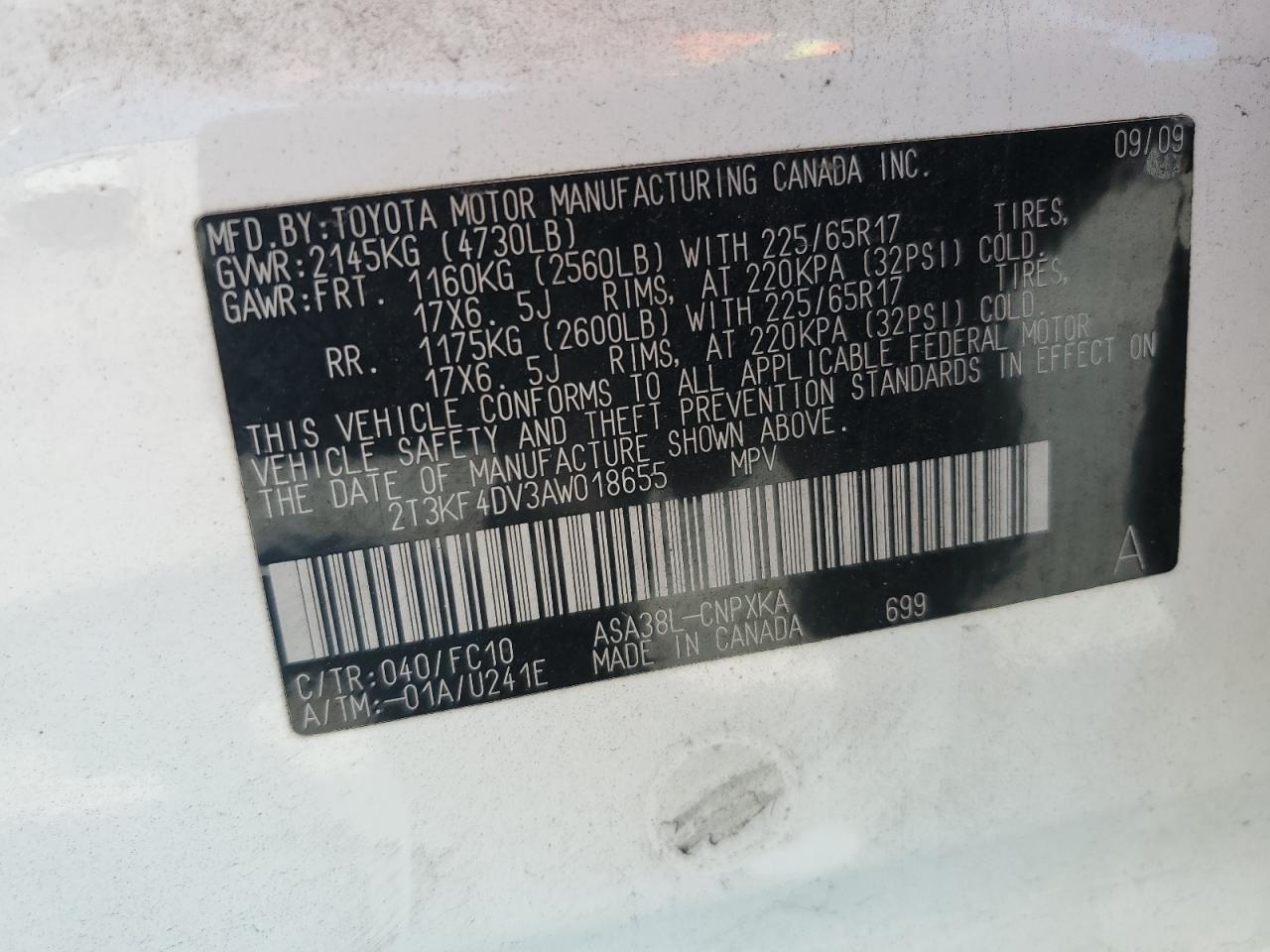 2010 Toyota Rav4 VIN: 2T3KF4DV3AW018655 Lot: 81459425