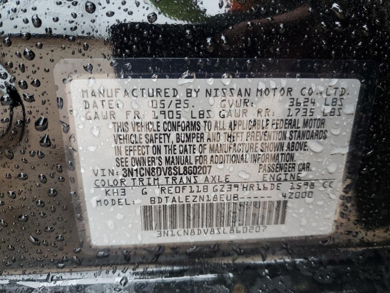 2025 Nissan Versa S VIN: 3N1CN8DV8SL860207 Lot: 84241295