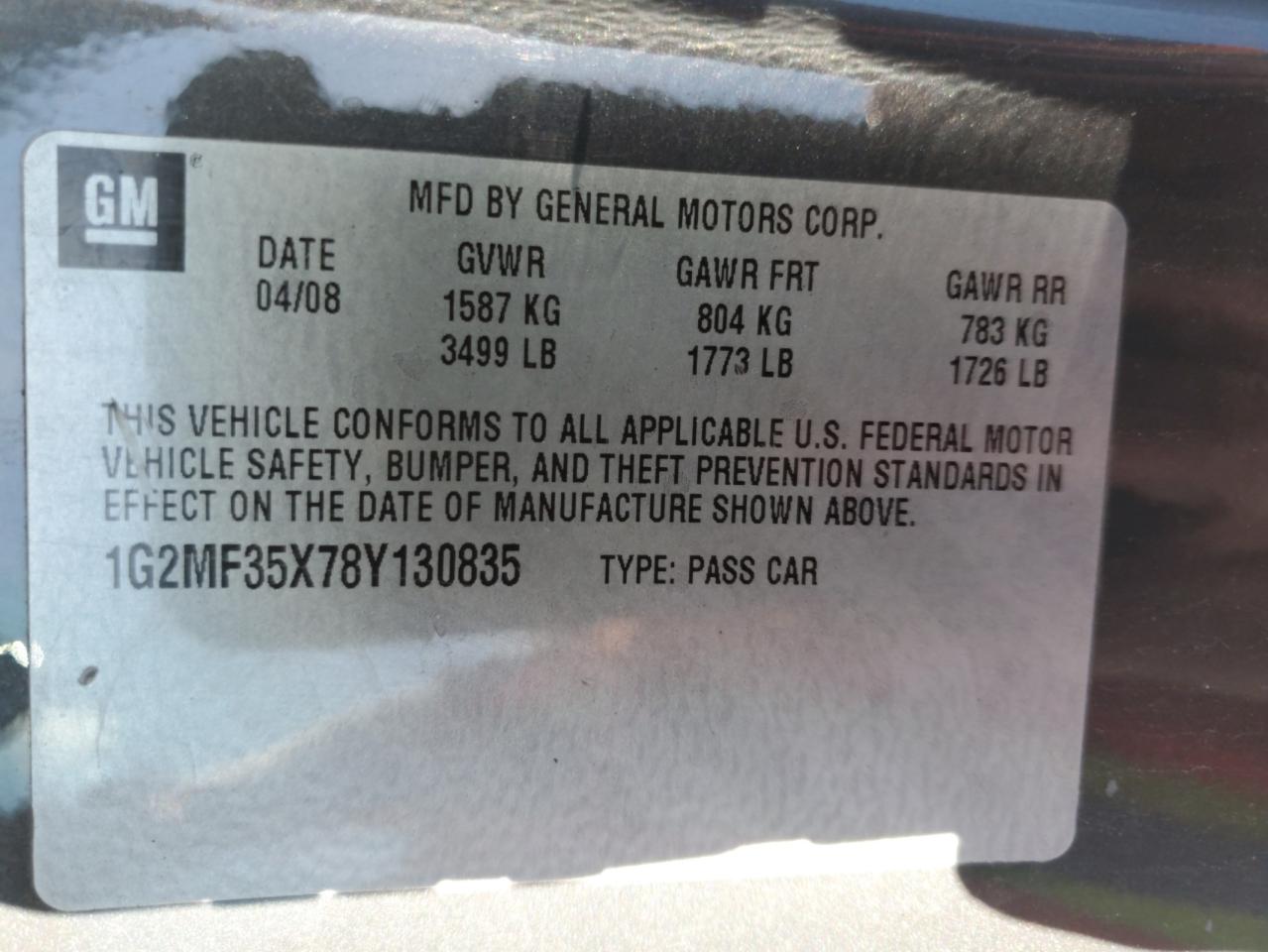 2008 Pontiac Solstice Gxp VIN: 1G2MF35X78Y130835 Lot: 84286665