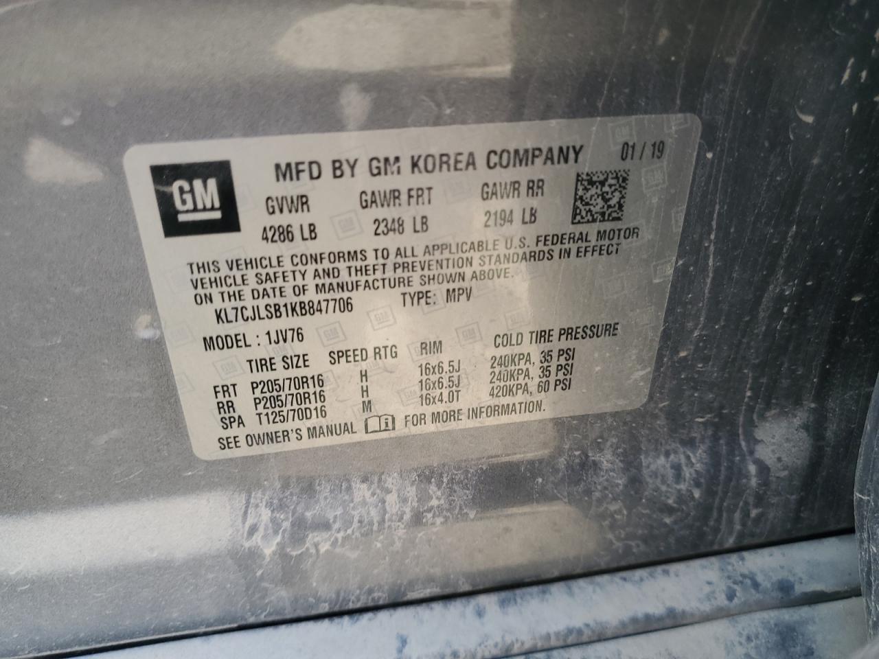 2019 Chevrolet Trax 1Lt VIN: KL7CJLSB1KB847706 Lot: 70653315