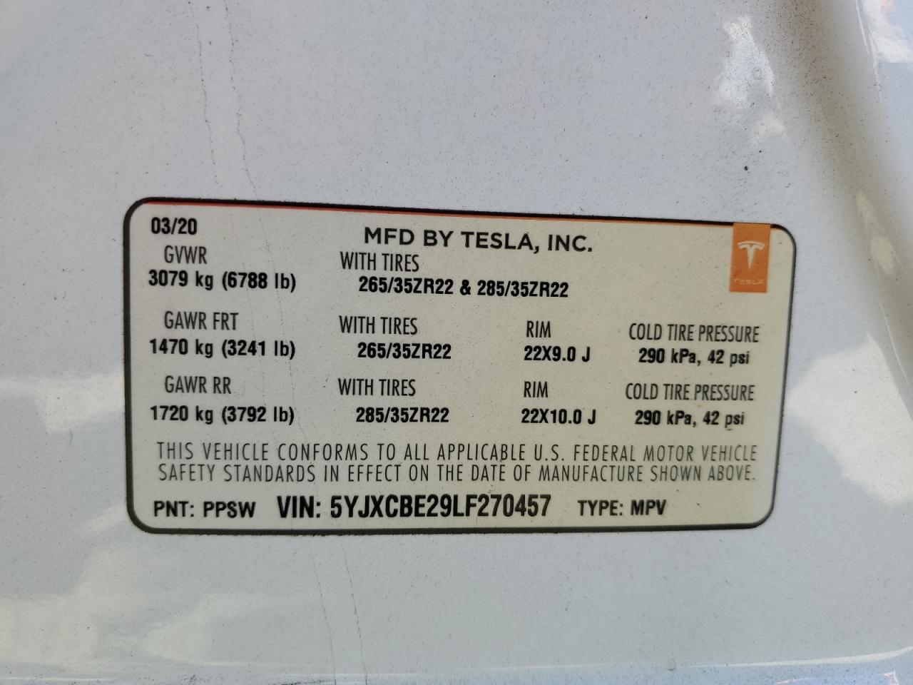 2020 Tesla Model X VIN: 5YJXCBE29LF270457 Lot: 71496765