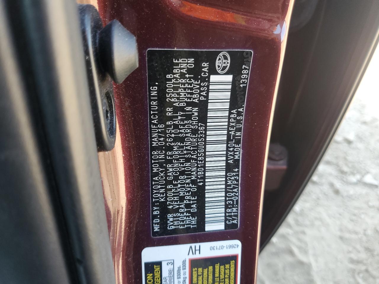 2016 Toyota Avalon Hybrid VIN: 4T1BD1EB5GU053367 Lot: 81064825