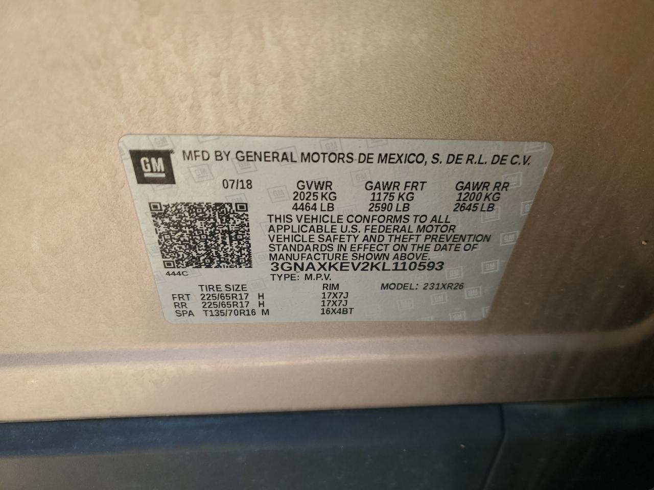 2019 Chevrolet Equinox Lt VIN: 3GNAXKEV2KL110593 Lot: 71071845